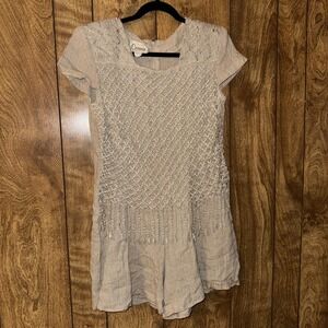 Vintage Carmin by Acquarium USA Linen Blend Crochet Fringe Romper Beige Womens